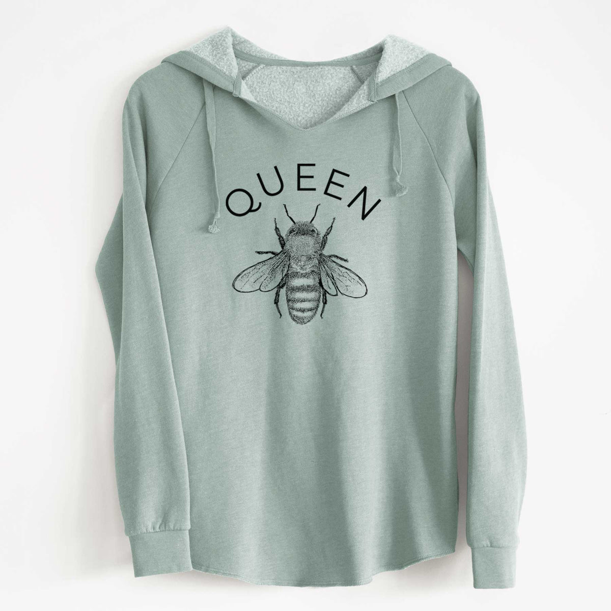 Sage green women's Cali Wave hooded sweatshirt laid flat, printed with a black ink honey bee beneath the word Queen.