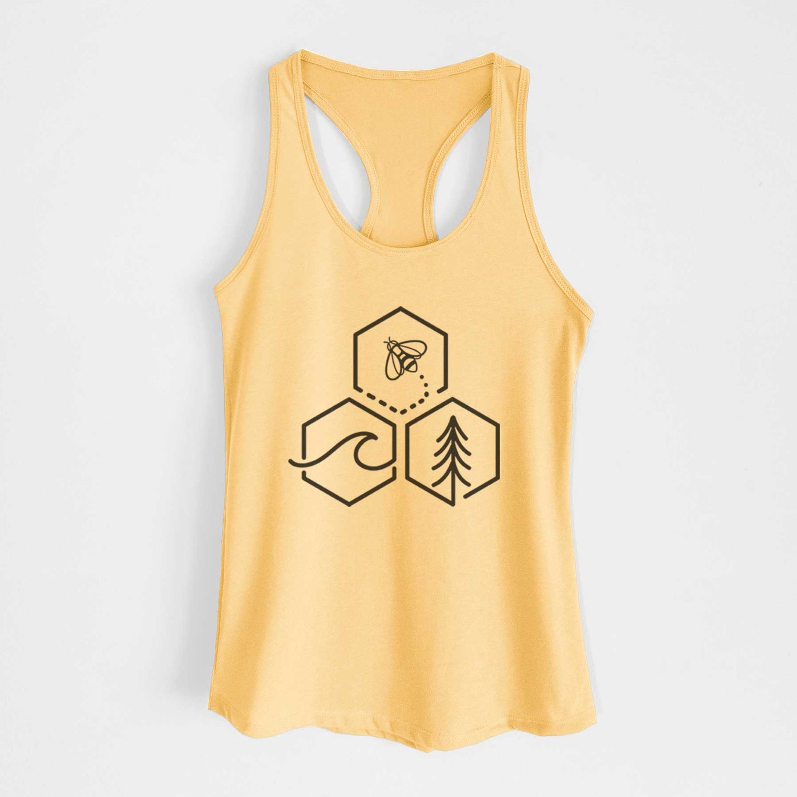 Banana cream women's racerback tank top laid flat, printed with a black line art design of three hexagons holding a bee, an ocean wave and a pine tree.