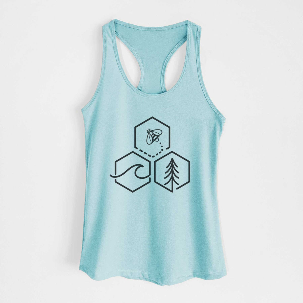 Cancun blue women's racerback tank top laid flat, printed with a black line art design of three hexagons holding a bee, an ocean wave and a pine tree.