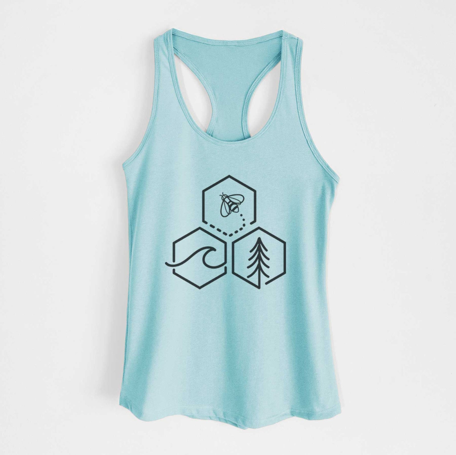 Banana cream women's racerback tank top laid flat, printed with a black line art design of three hexagons holding a bee, an ocean wave and a pine tree.