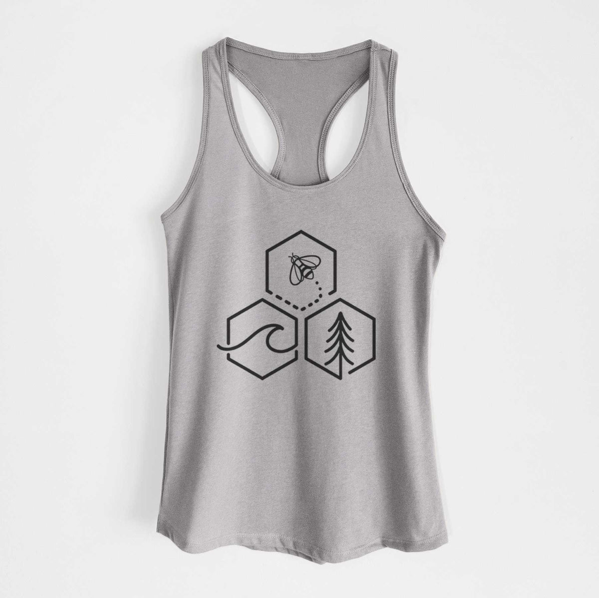 Heather grey women's racerback tank top laid flat, printed with a black line art design of three hexagons holding a bee, an ocean wave and a pine tree.