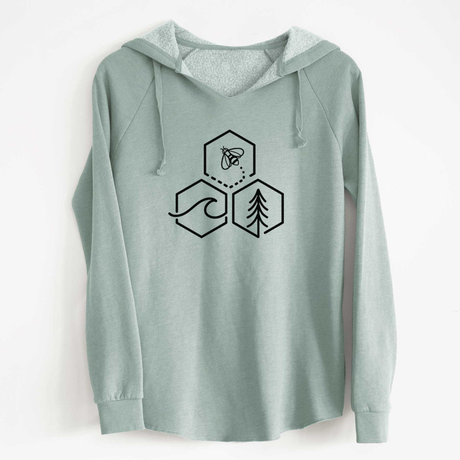 Sage green women's Cali Wave hooded sweatshirt laid flat, printed with a black line art design of three hexagons holding a bee, an ocean wave and a pine tree.