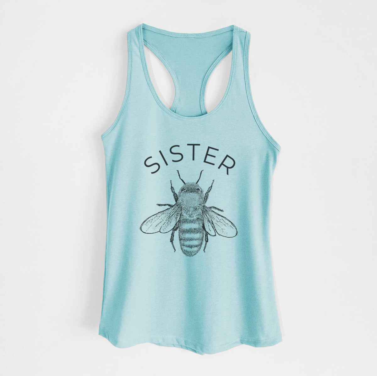 Cancun blue women's racerback tank top laid flat, printed with a black ink honey bee beneath the word Sister.