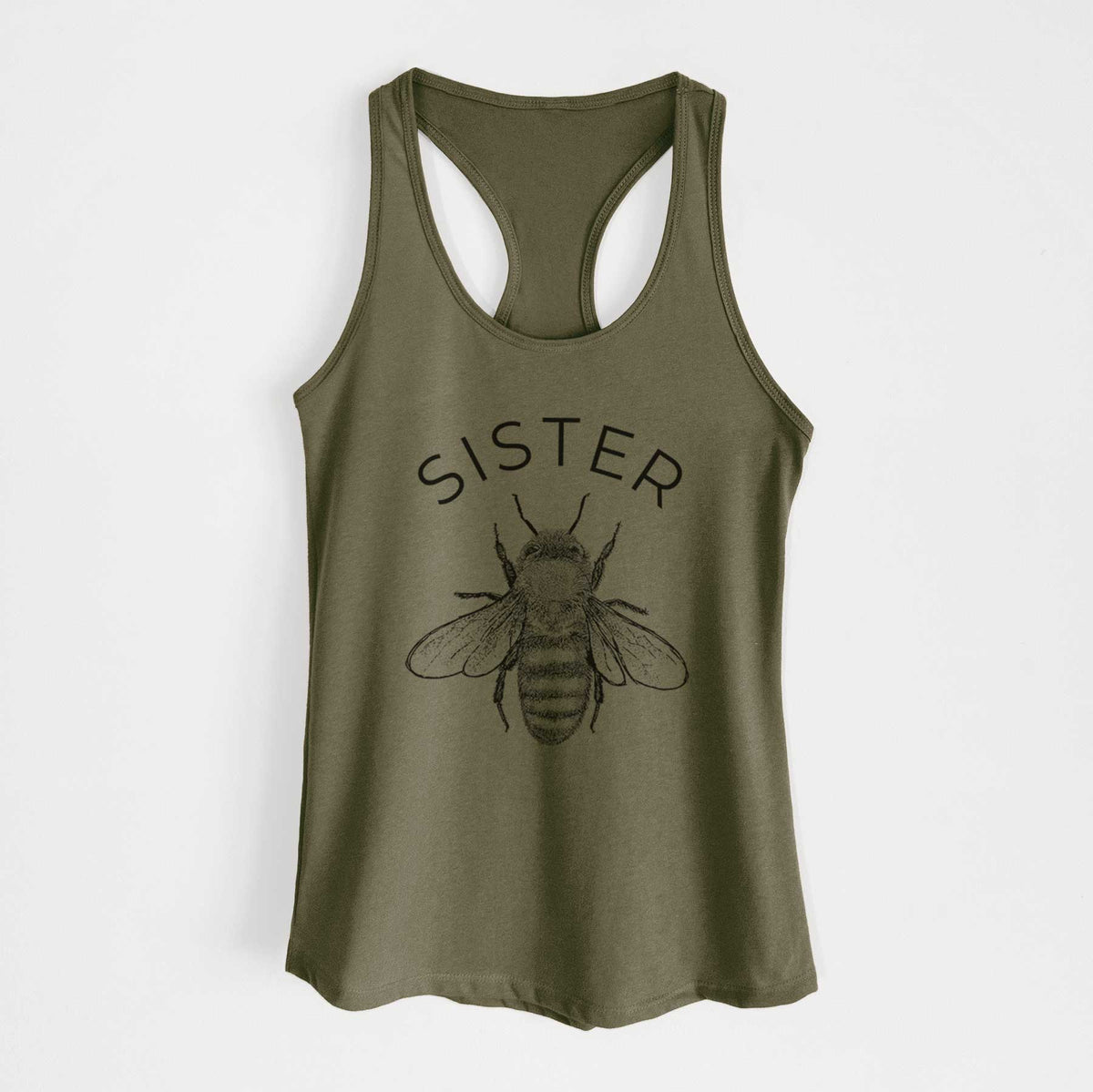 Military green women's racerback tank top laid flat, printed with a black ink honey bee beneath the word Sister.