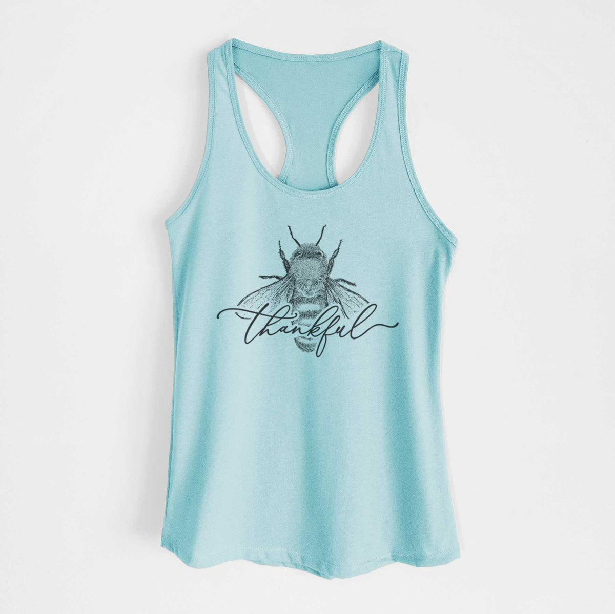 Cancun blue women's racerback tank top laid flat, printed with a black ink bee with the word thankful written in script across it.