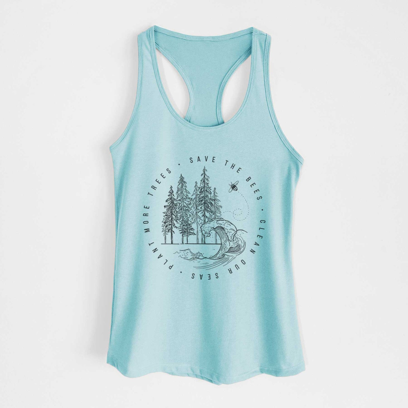 Banana cream women's racerback tank top laid flat, printed with a circle of pine trees and an ocean wave ringed by the words Save the Bees, Clean Our Seas, Plant More Trees.