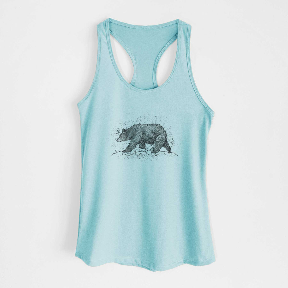 Cancun blue women's racerback tank top laid flat, printed with a detailed black ink sketch of a black bear walking across rocky ground.