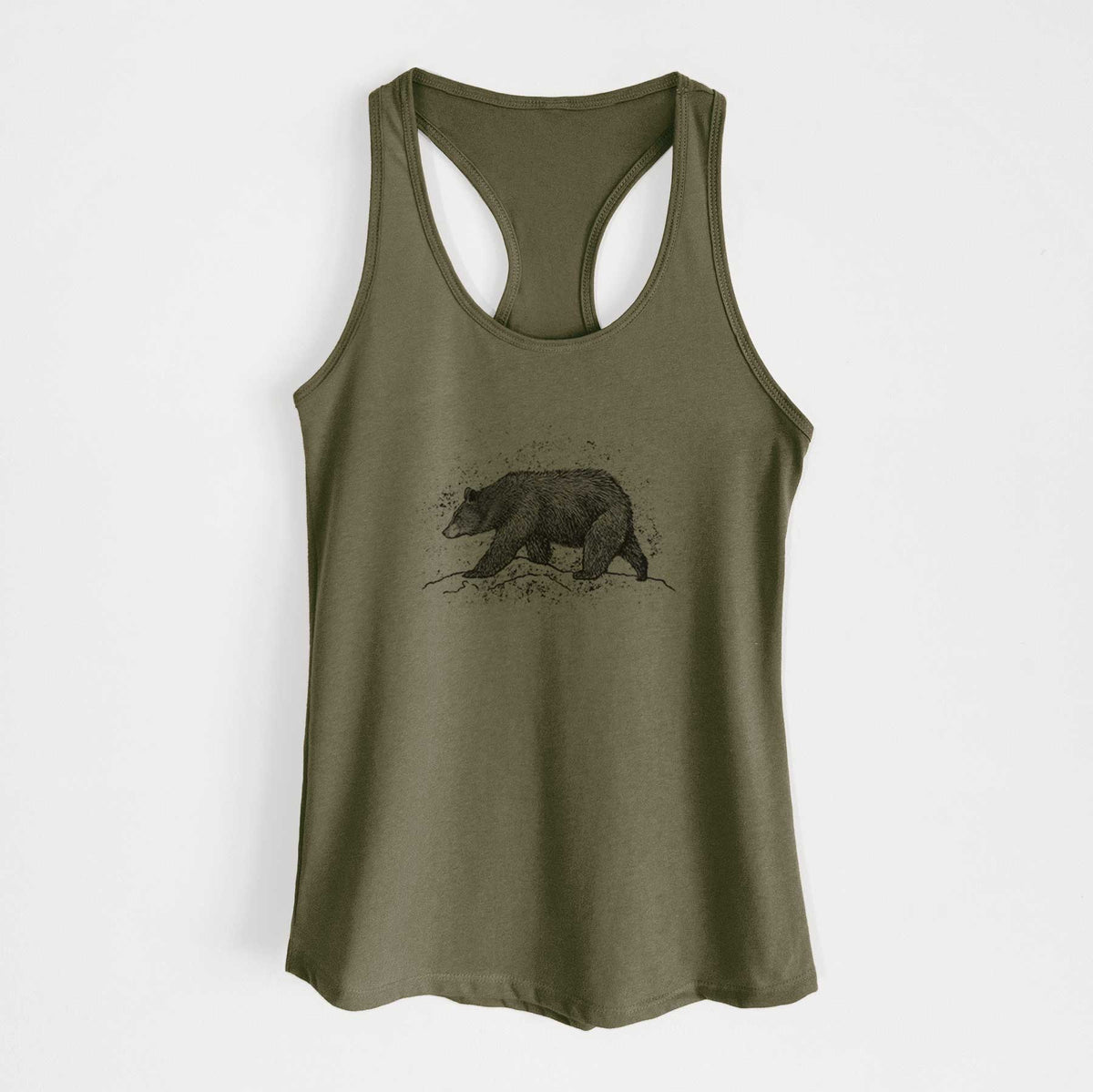 Military green women's racerback tank top laid flat, printed with a detailed black ink sketch of a black bear walking across rocky ground.