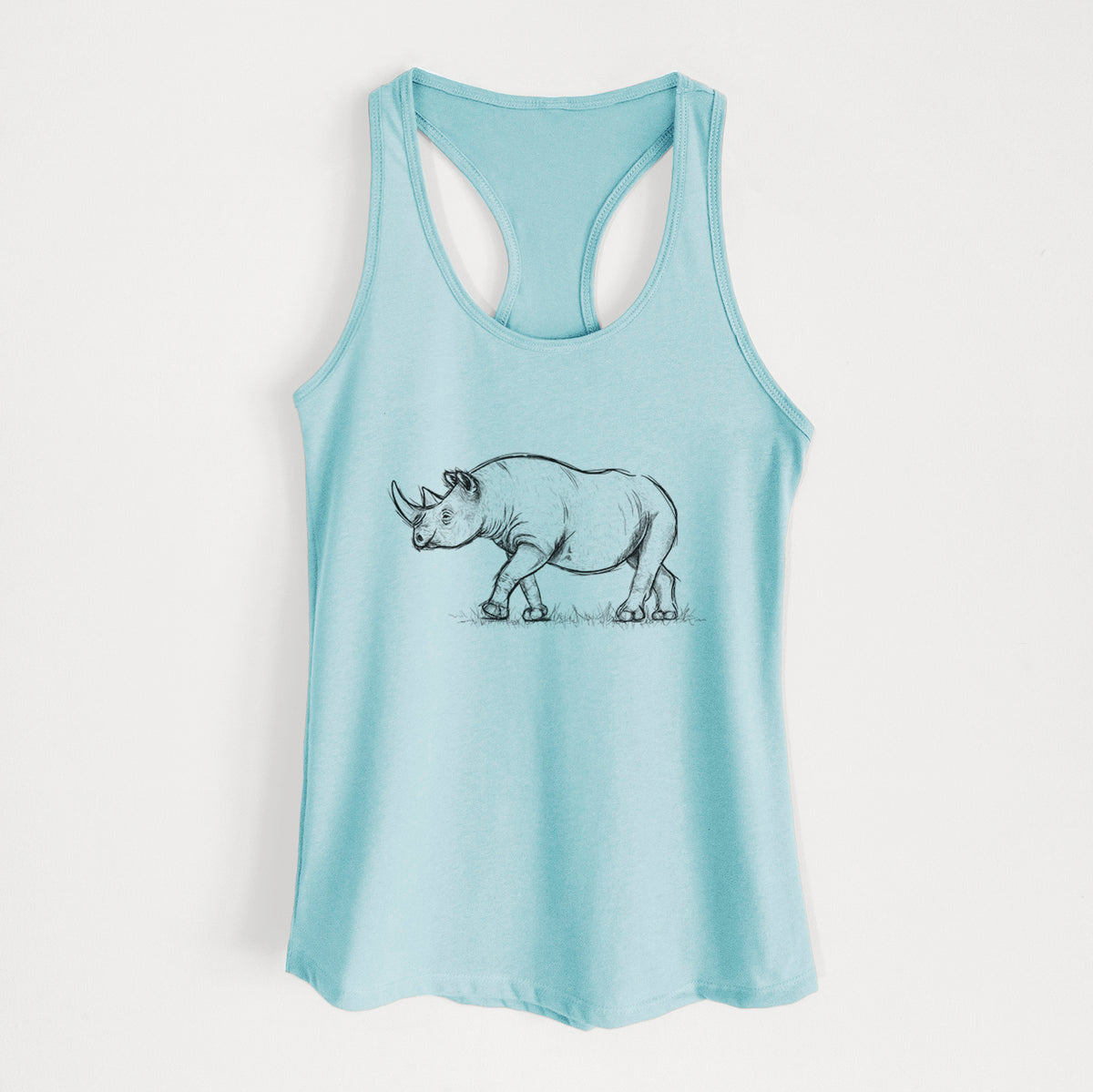 Cancun blue women's racerback tank top laid flat, printed with a black ink illustration of a black rhinoceros walking.