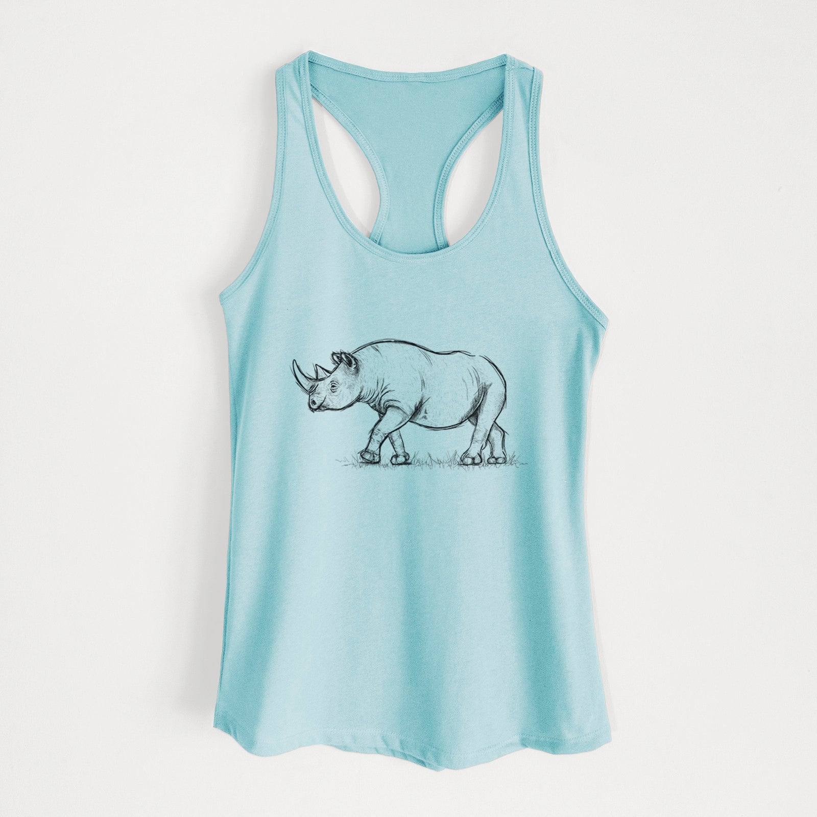 Banana cream women's racerback tank top laid flat, printed with a black ink illustration of a black rhinoceros walking.