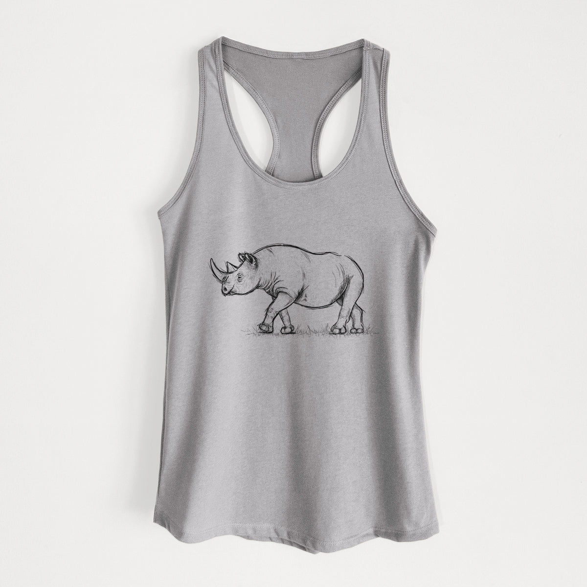 Heather grey women's racerback tank top laid flat, printed with a black ink illustration of a black rhinoceros walking.