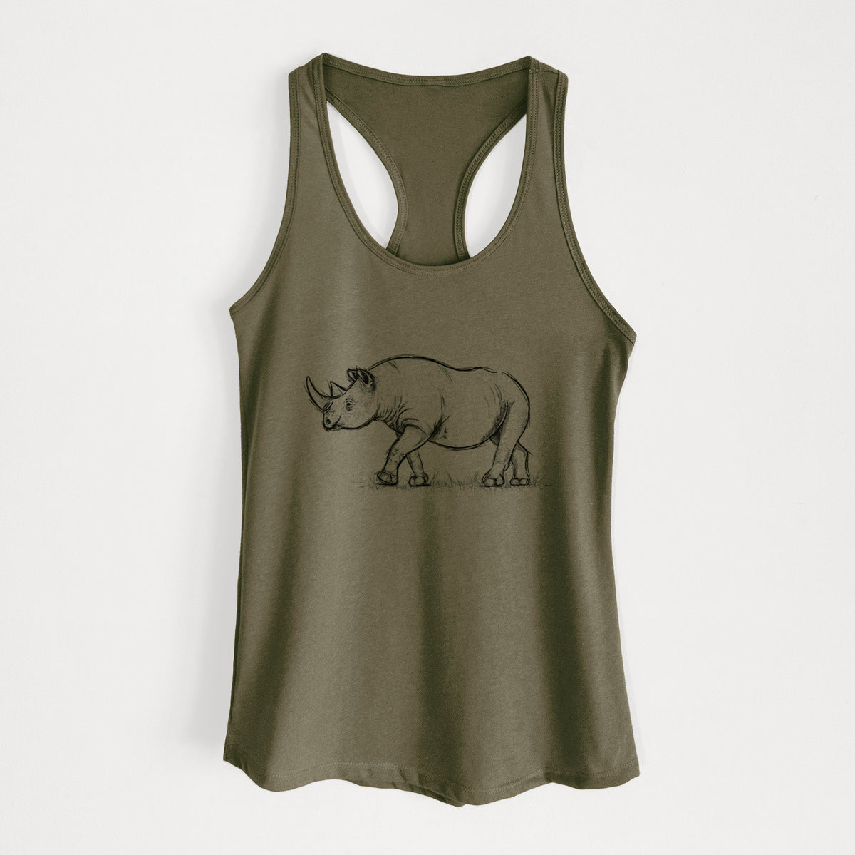 Military green women's racerback tank top laid flat, printed with a black ink illustration of a black rhinoceros walking.