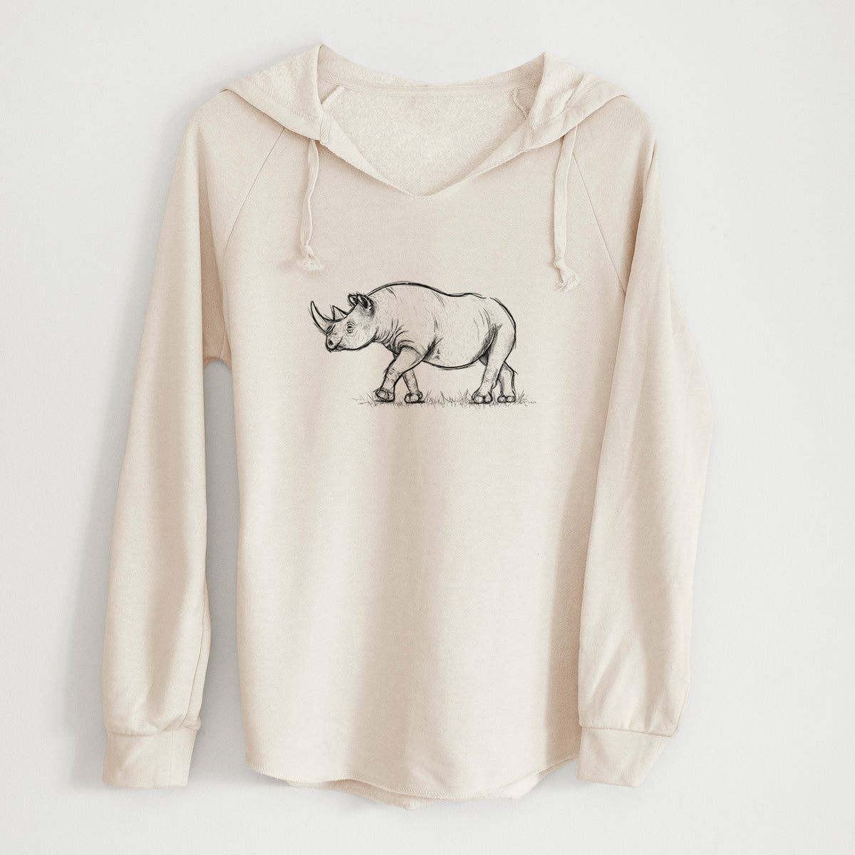 Bone cream women's Cali Wave hooded sweatshirt laid flat, printed with a black ink illustration of a black rhinoceros walking.