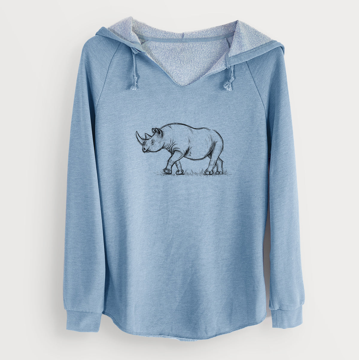 Misty blue women's Cali Wave hooded sweatshirt laid flat, printed with a black ink illustration of a black rhinoceros walking.