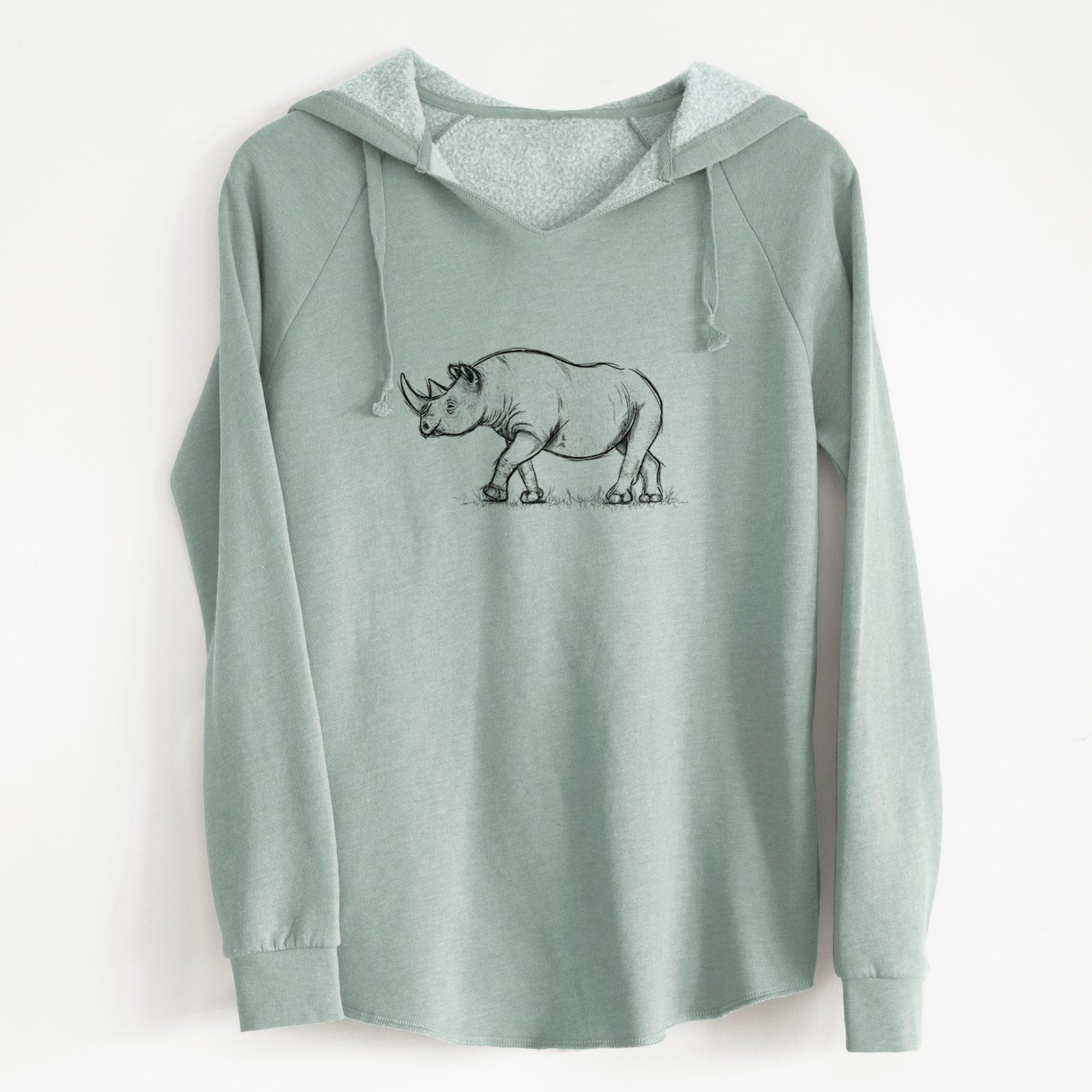 Sage green women's Cali Wave hooded sweatshirt laid flat, printed with a black ink illustration of a black rhinoceros walking.