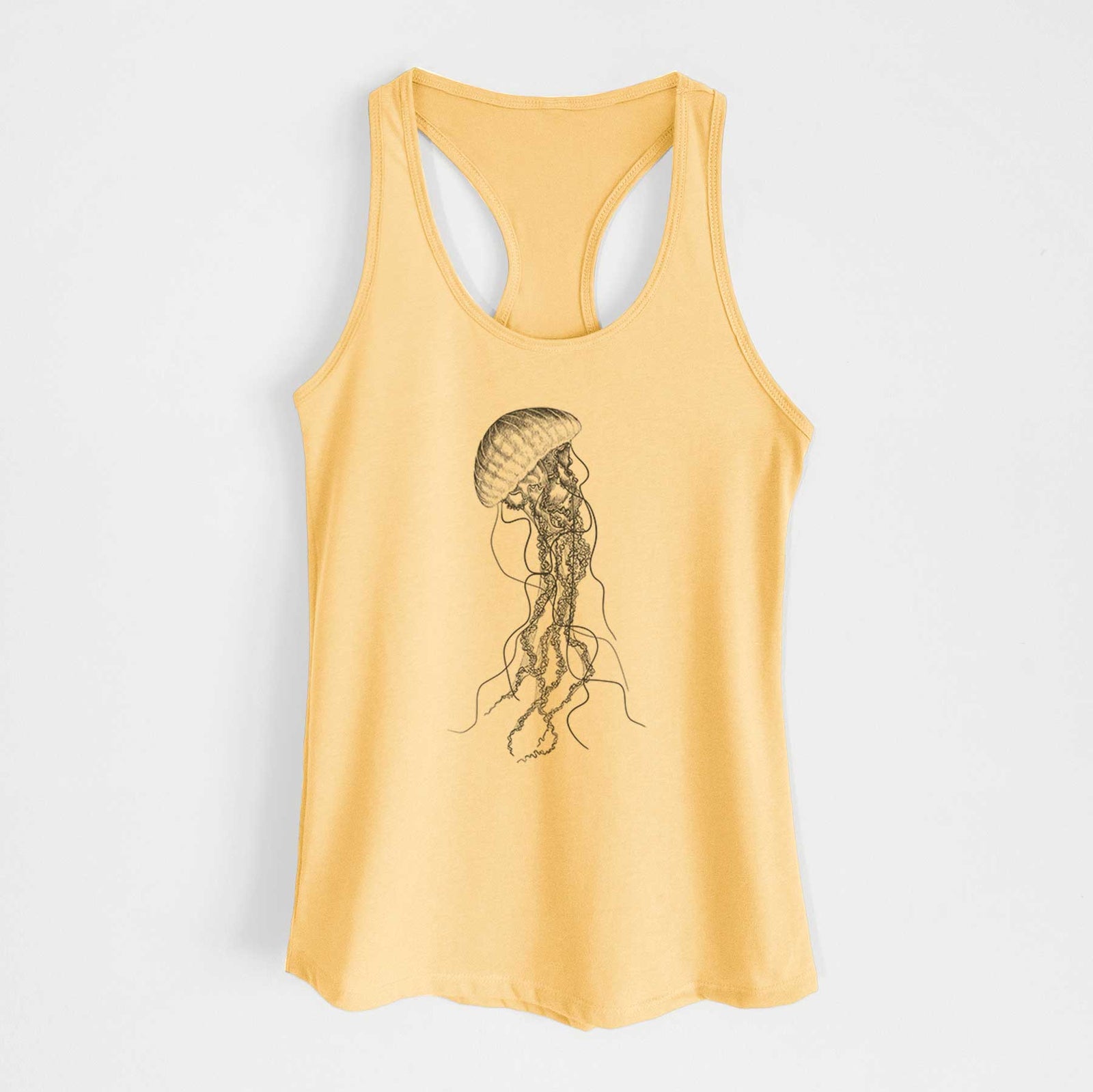 Banana cream women's racerback tank top laid flat, printed with a black ink illustration of a black sea nettle jellyfish with long trailing tentacles.