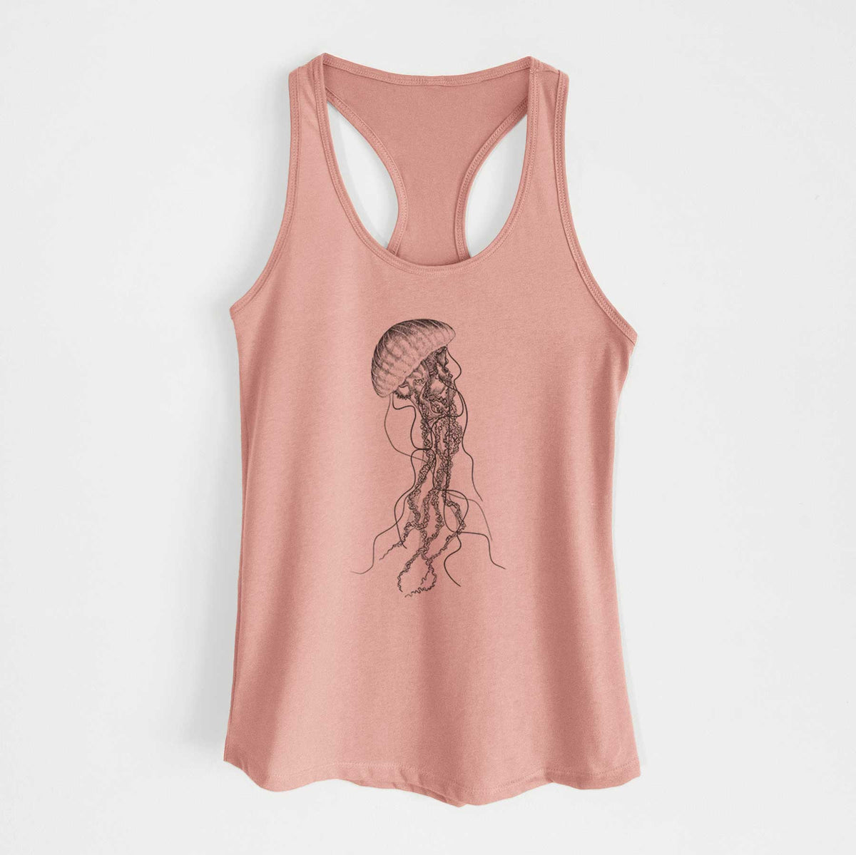 Desert pink women's racerback tank top laid flat, printed with a black ink illustration of a black sea nettle jellyfish with long trailing tentacles.