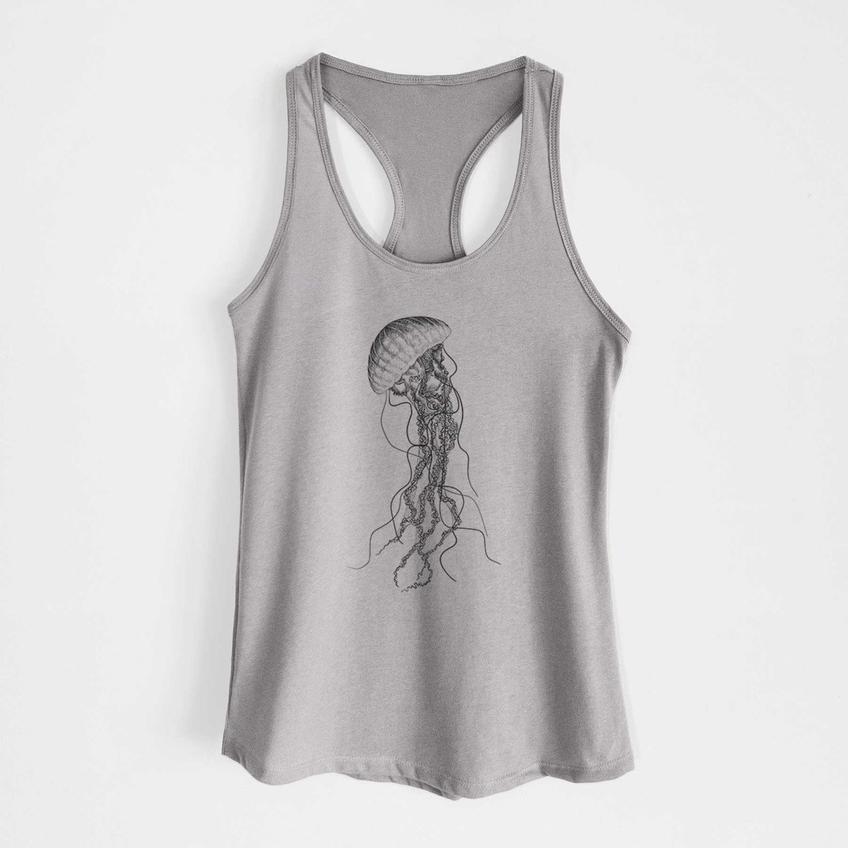 Heather grey women's racerback tank top laid flat, printed with a black ink illustration of a black sea nettle jellyfish with long trailing tentacles.
