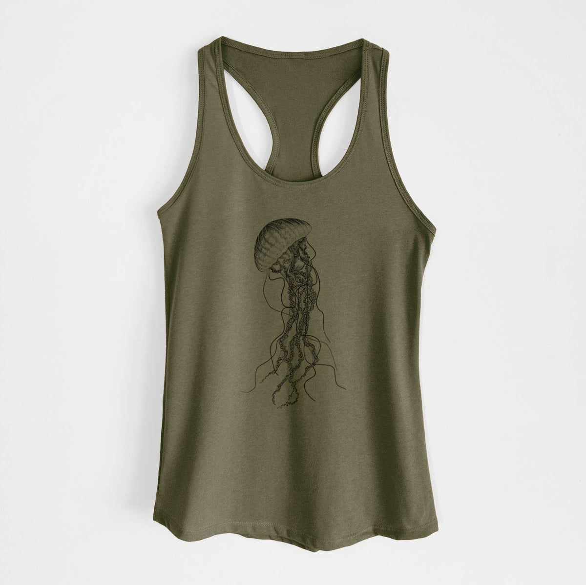 Military green women's racerback tank top laid flat, printed with a black ink illustration of a black sea nettle jellyfish with long trailing tentacles.