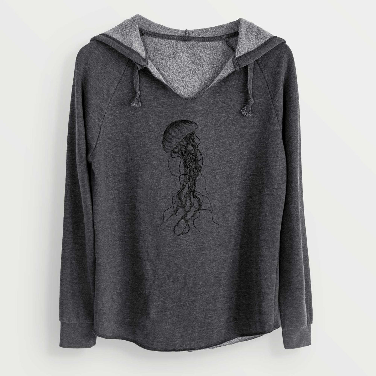 Charcoal grey women's Cali Wave hooded sweatshirt laid flat, printed with a black ink illustration of a black sea nettle jellyfish with long trailing tentacles.