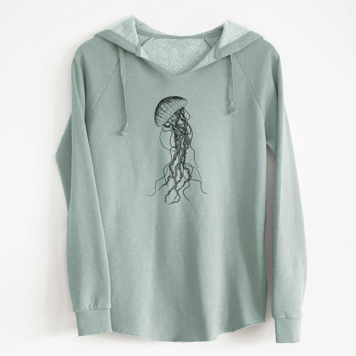 Sage green women's Cali Wave hooded sweatshirt laid flat, printed with a black ink illustration of a black sea nettle jellyfish with long trailing tentacles.
