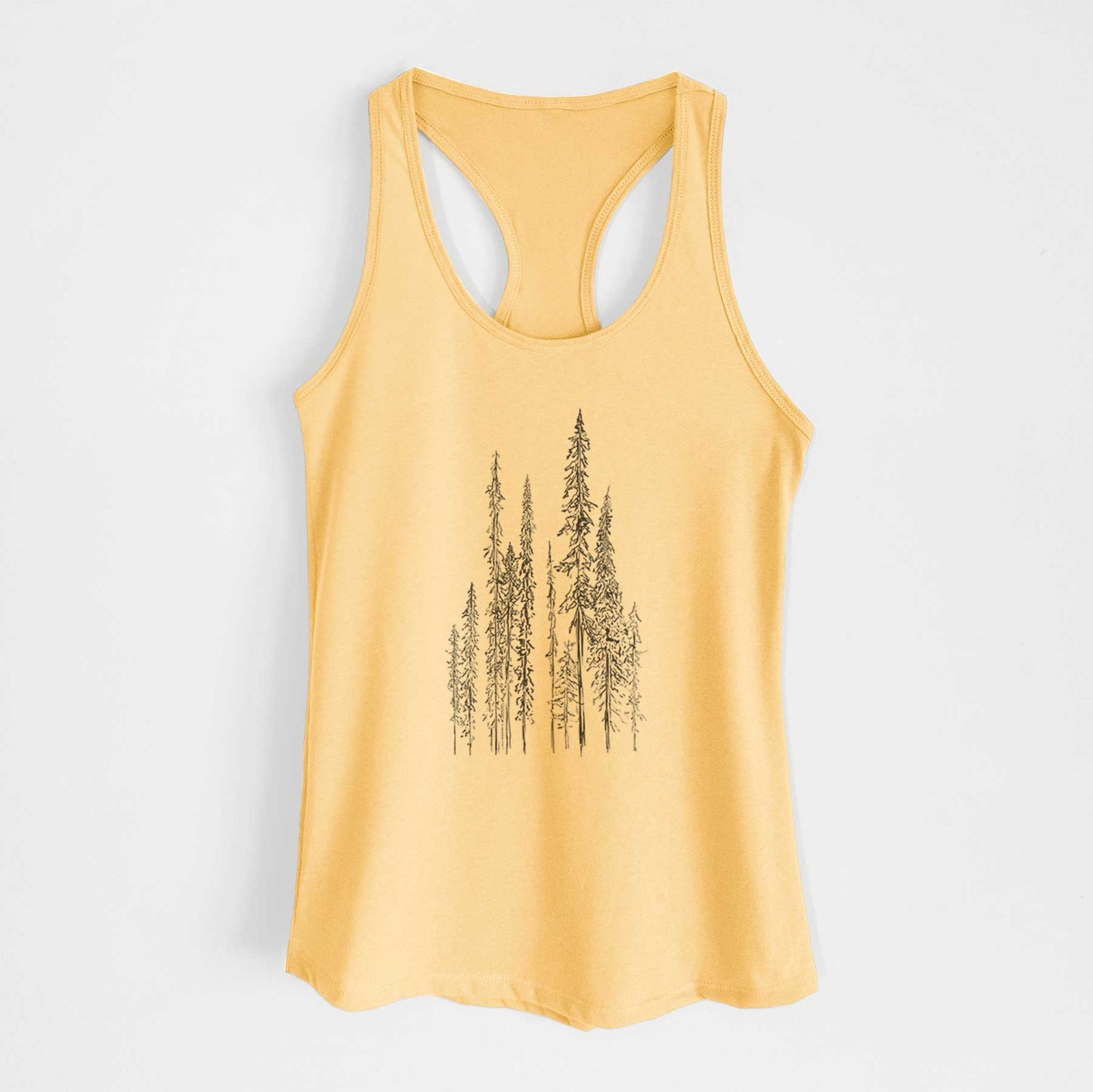 Banana cream women's racerback tank top laid flat, printed with a black ink illustration of a stand of tall, narrow black spruce trees.