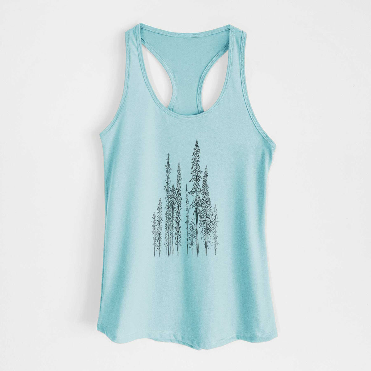 Cancun blue women's racerback tank top laid flat, printed with a black ink illustration of a stand of tall, narrow black spruce trees.