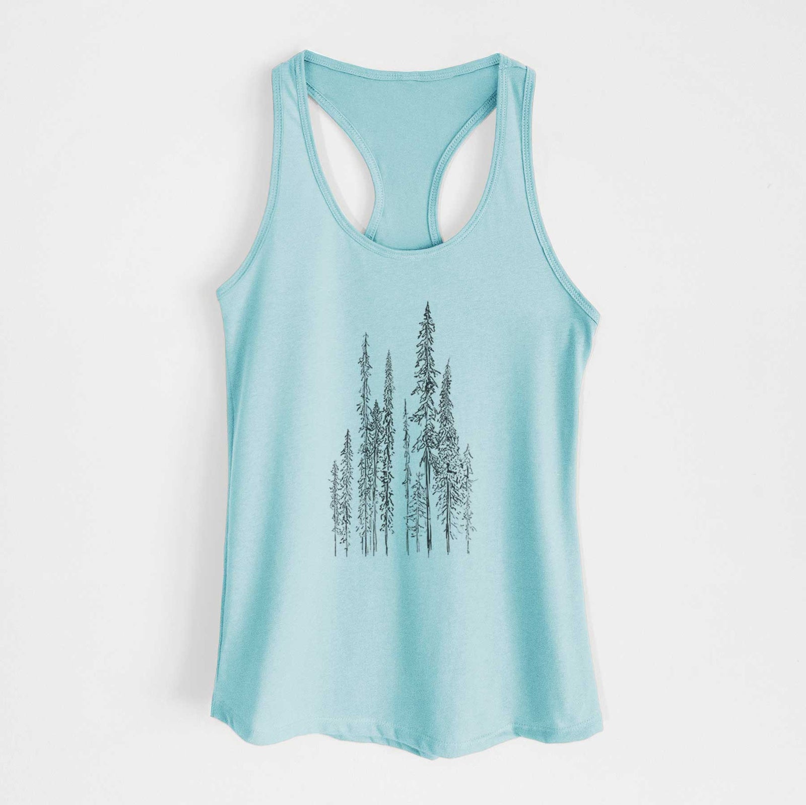 Banana cream women's racerback tank top laid flat, printed with a black ink illustration of a stand of tall, narrow black spruce trees.
