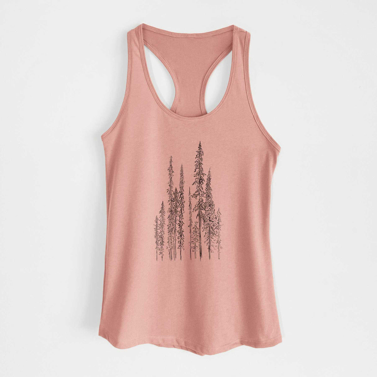 Desert pink women's racerback tank top laid flat, printed with a black ink illustration of a stand of tall, narrow black spruce trees.