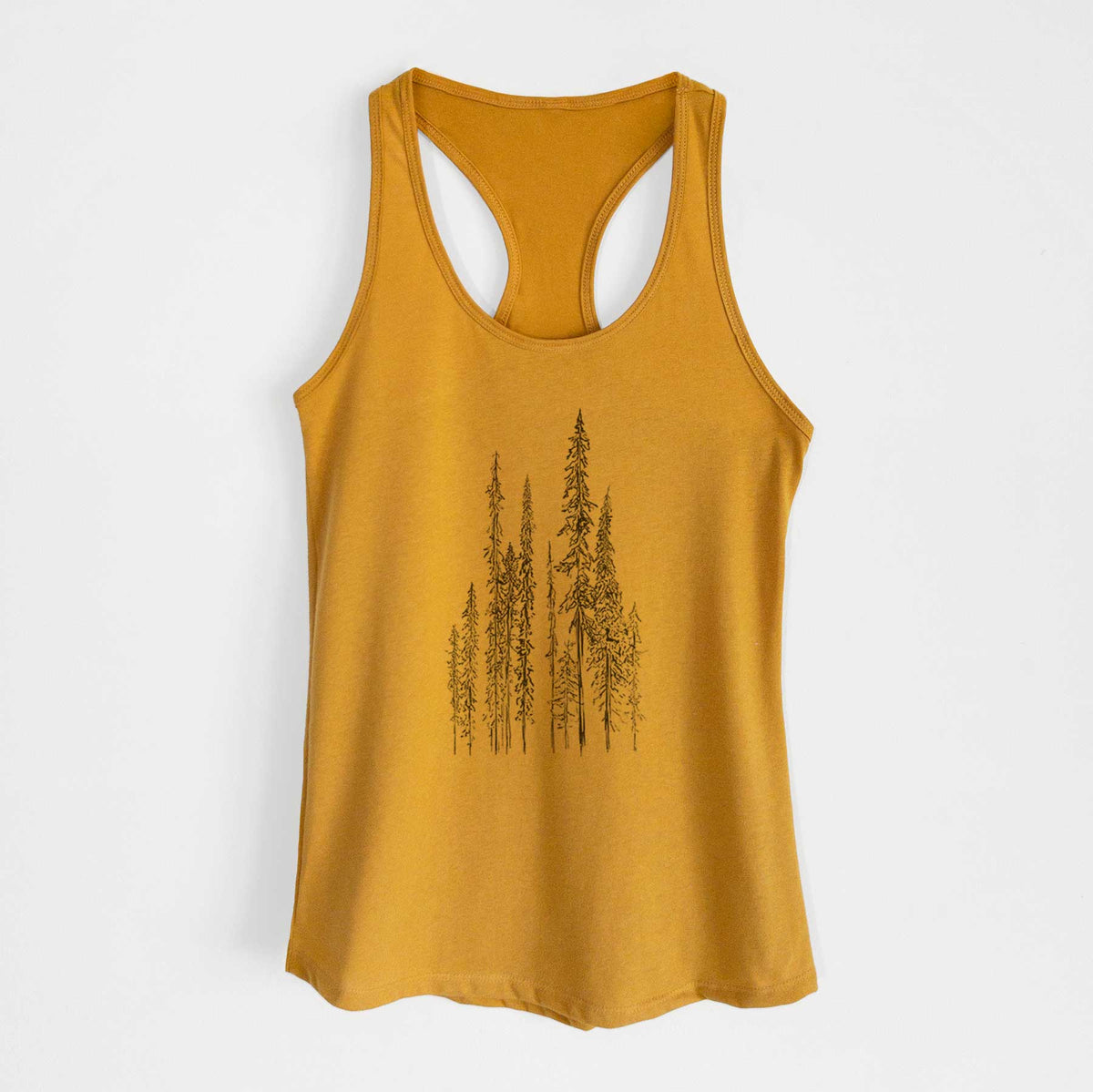 Gold women's racerback tank top laid flat, printed with a black ink illustration of a stand of tall, narrow black spruce trees.