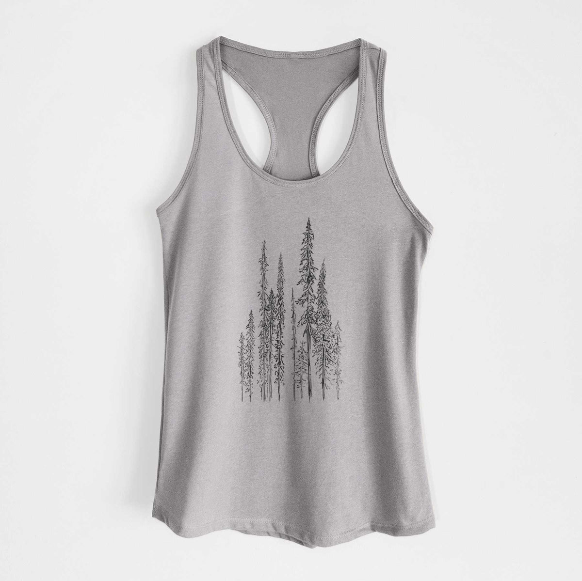 Heather grey women's racerback tank top laid flat, printed with a black ink illustration of a stand of tall, narrow black spruce trees.