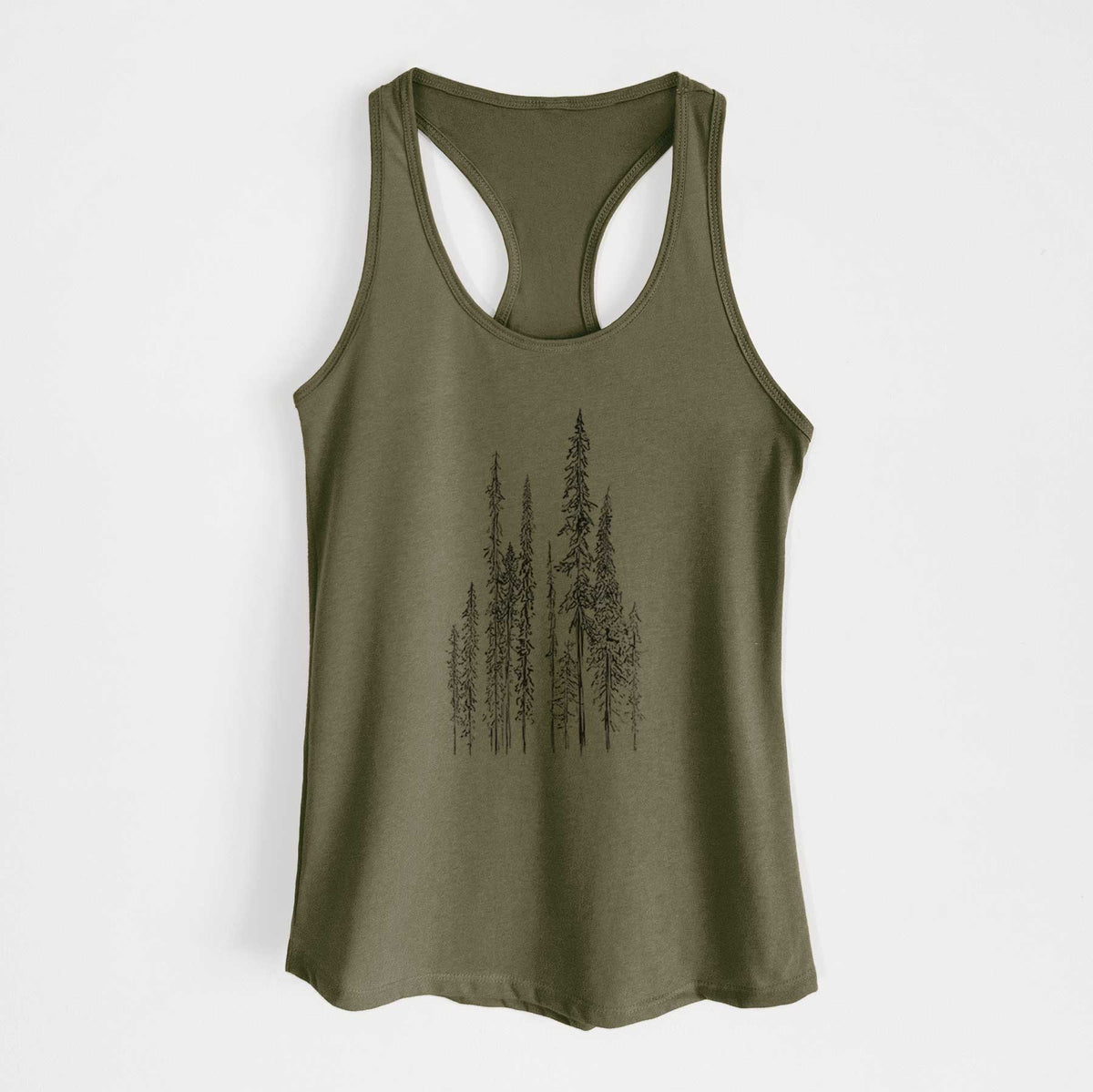 Military green women's racerback tank top laid flat, printed with a black ink illustration of a stand of tall, narrow black spruce trees.