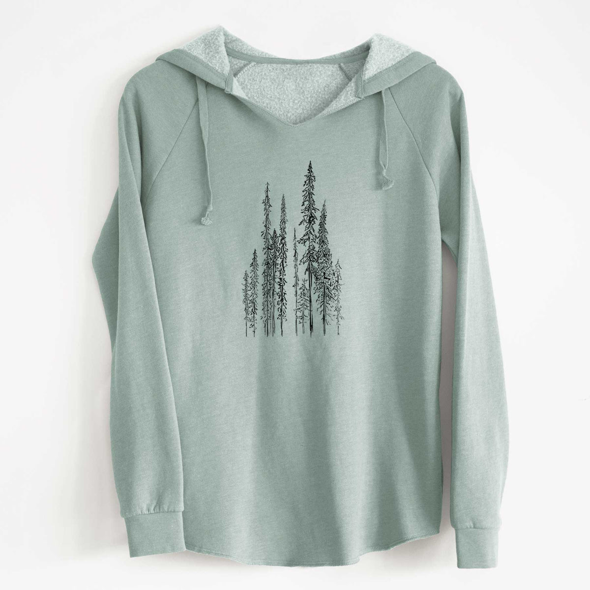 Sage green women's Cali Wave hooded sweatshirt laid flat, printed with a black ink illustration of a stand of tall, narrow black spruce trees.