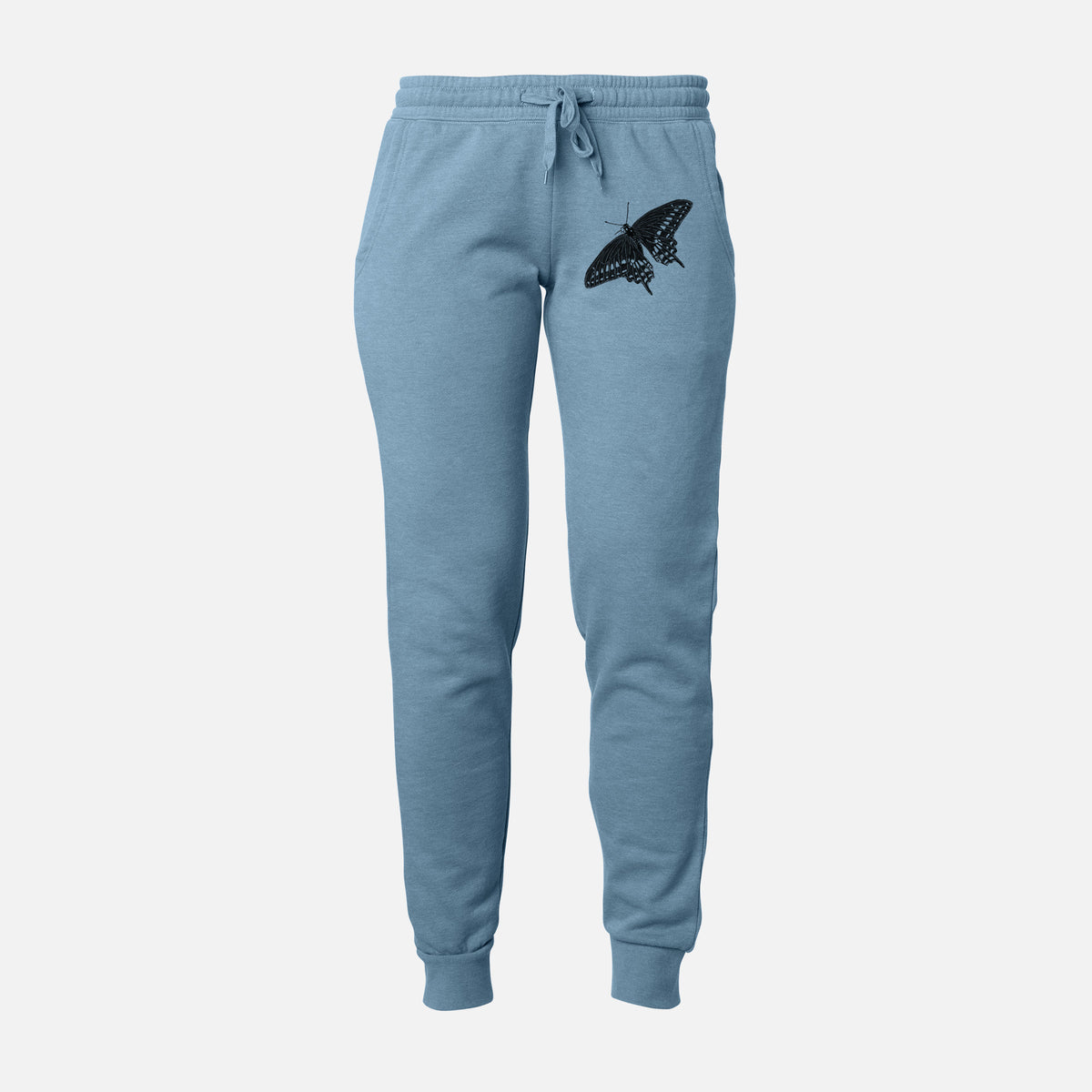 Front of misty blue Cali Wave sweatpants, printed with a detailed black ink illustration of a black swallowtail butterfly with its wings spread on the leg.