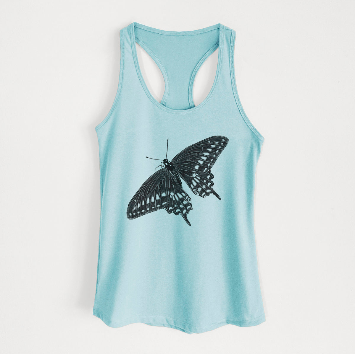 Cancun blue women's racerback tank top laid flat, printed with a detailed black ink illustration of a black swallowtail butterfly with its wings spread.