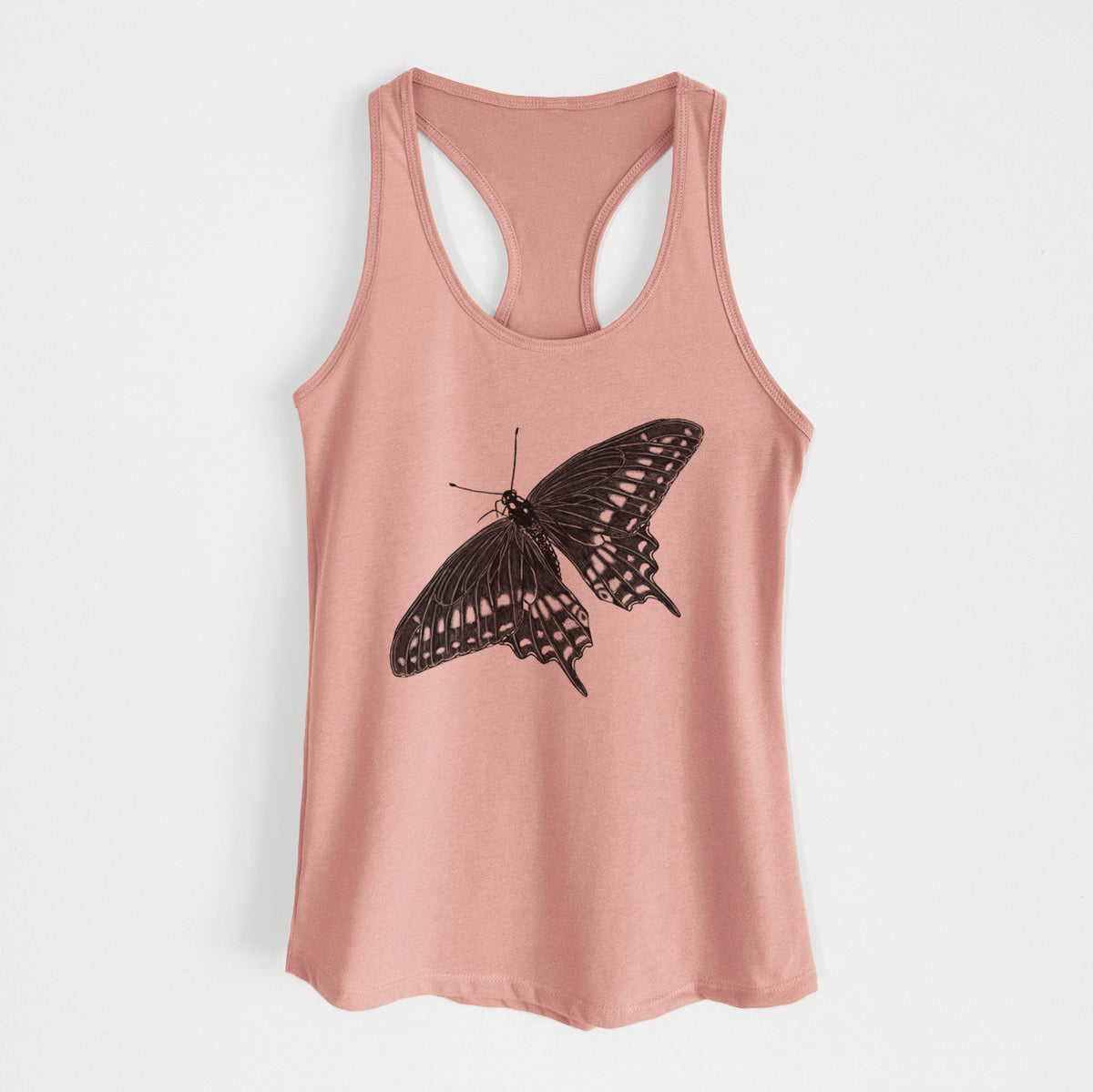 Desert pink women's racerback tank top laid flat, printed with a detailed black ink illustration of a black swallowtail butterfly with its wings spread.