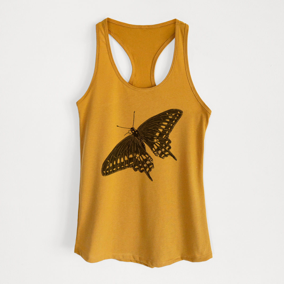 Gold women's racerback tank top laid flat, printed with a detailed black ink illustration of a black swallowtail butterfly with its wings spread.