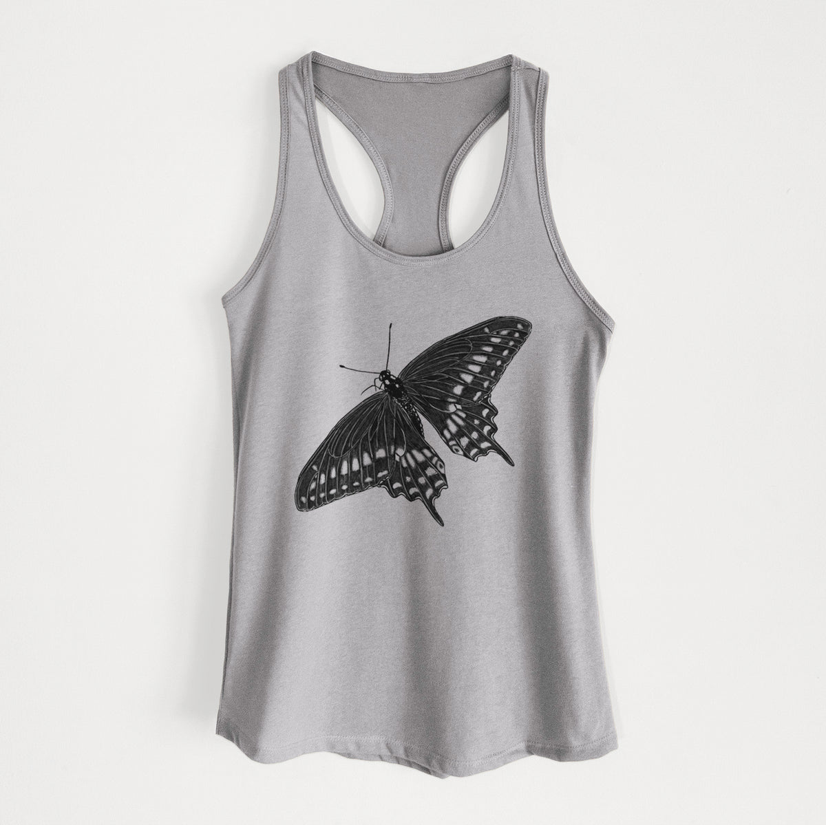 Heather grey women's racerback tank top laid flat, printed with a detailed black ink illustration of a black swallowtail butterfly with its wings spread.