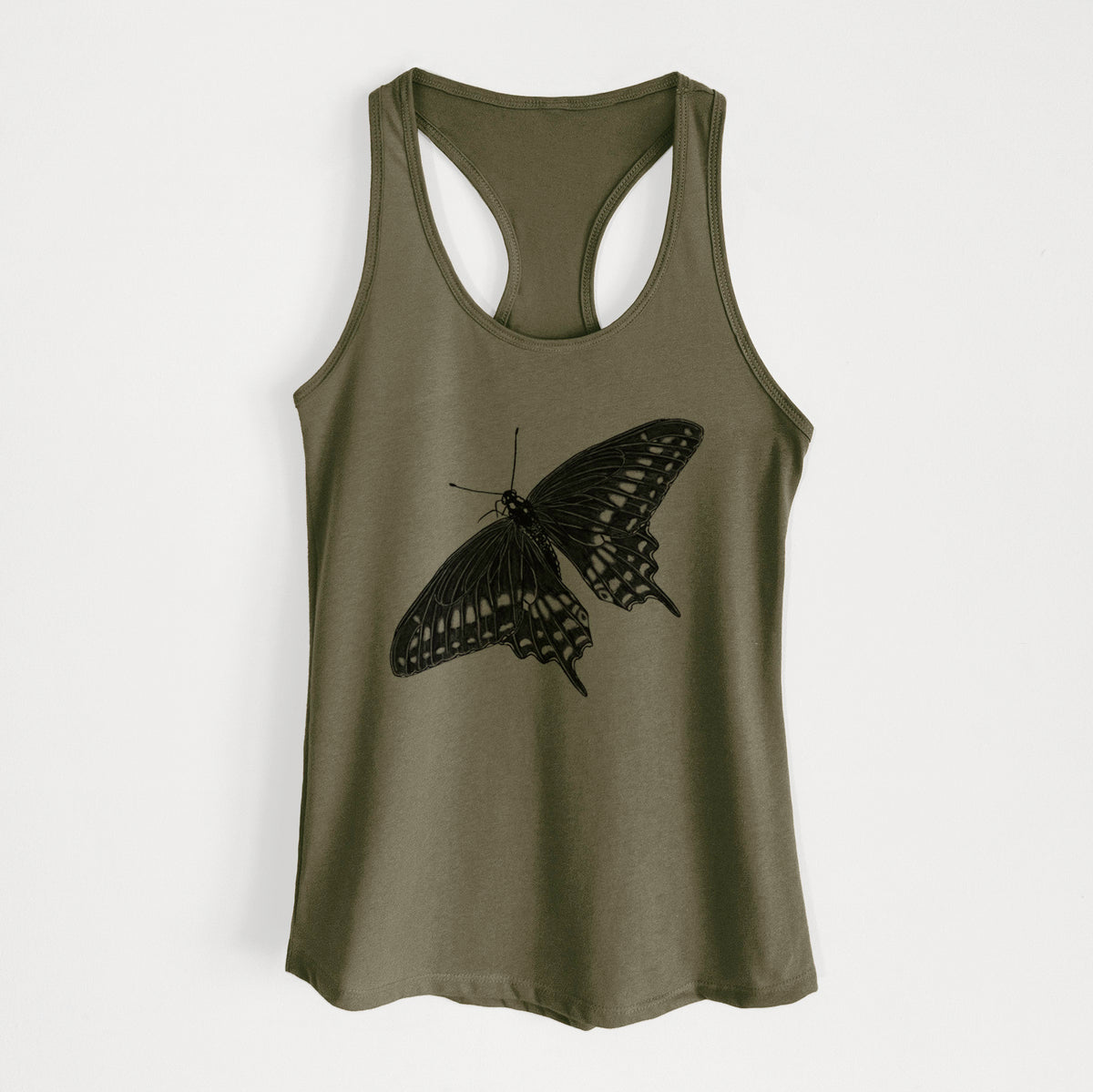 Military green women's racerback tank top laid flat, printed with a detailed black ink illustration of a black swallowtail butterfly with its wings spread.