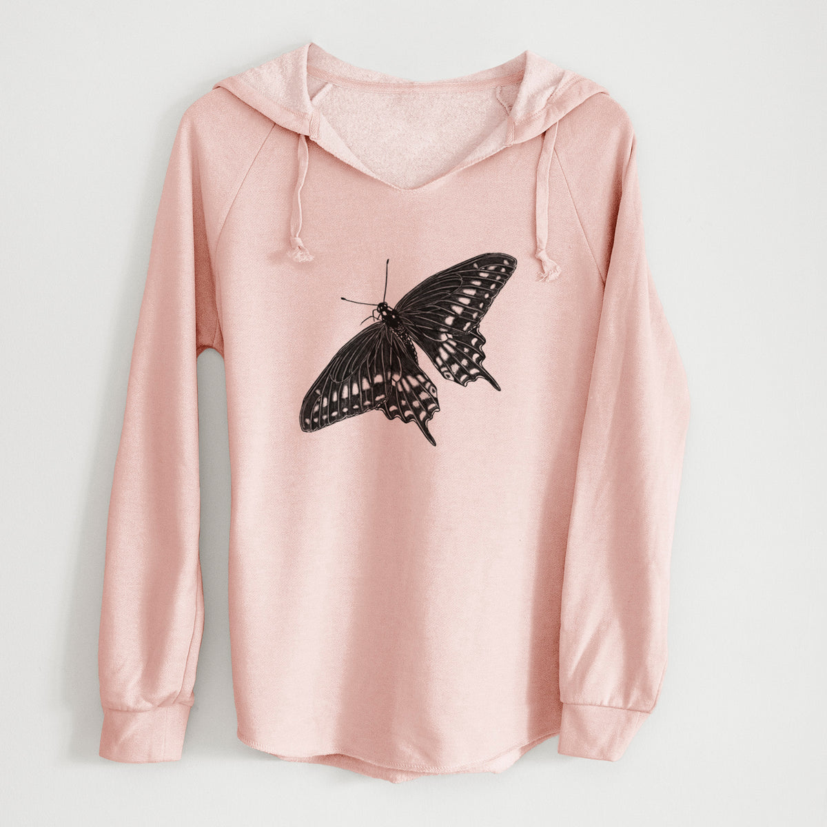Blush pink women's Cali Wave hooded sweatshirt laid flat, printed with a detailed black ink illustration of a black swallowtail butterfly with its wings spread.