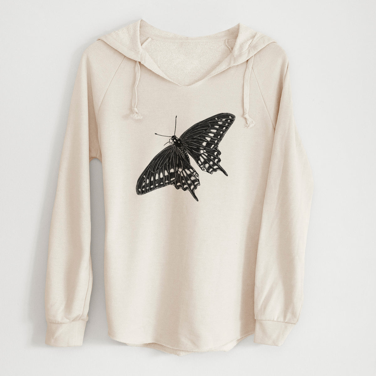 Bone cream women's Cali Wave hooded sweatshirt laid flat, printed with a detailed black ink illustration of a black swallowtail butterfly with its wings spread.