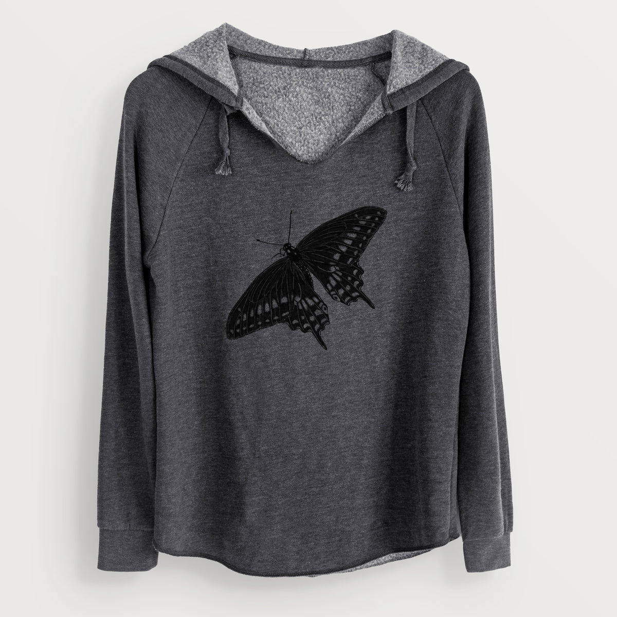 Charcoal grey women's Cali Wave hooded sweatshirt laid flat, printed with a detailed black ink illustration of a black swallowtail butterfly with its wings spread.