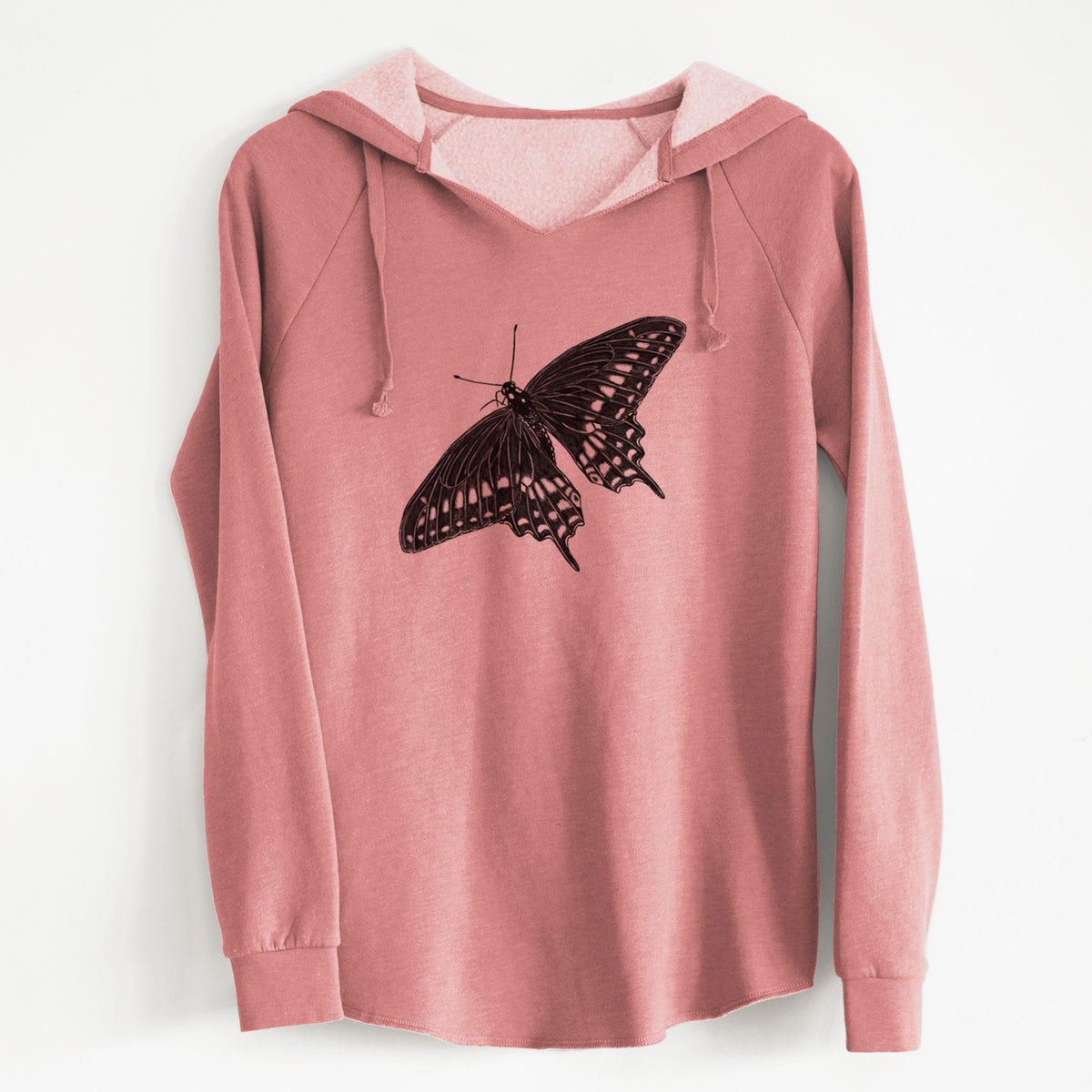 Dusty rose women's Cali Wave hooded sweatshirt laid flat, printed with a detailed black ink illustration of a black swallowtail butterfly with its wings spread.
