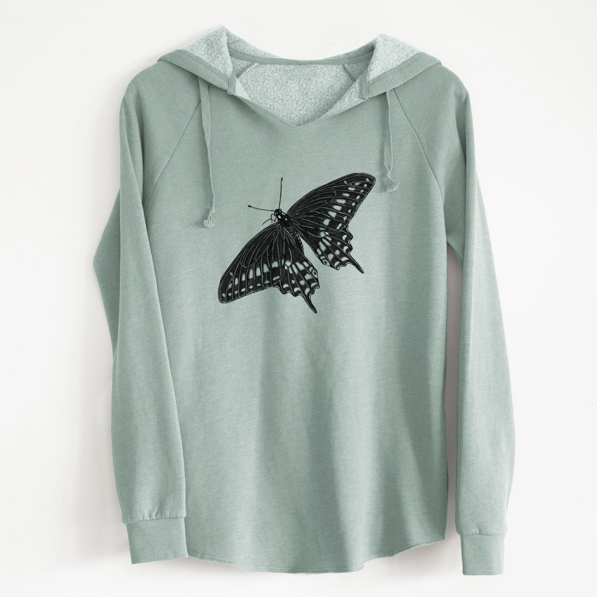 Sage green women's Cali Wave hooded sweatshirt laid flat, printed with a detailed black ink illustration of a black swallowtail butterfly with its wings spread.