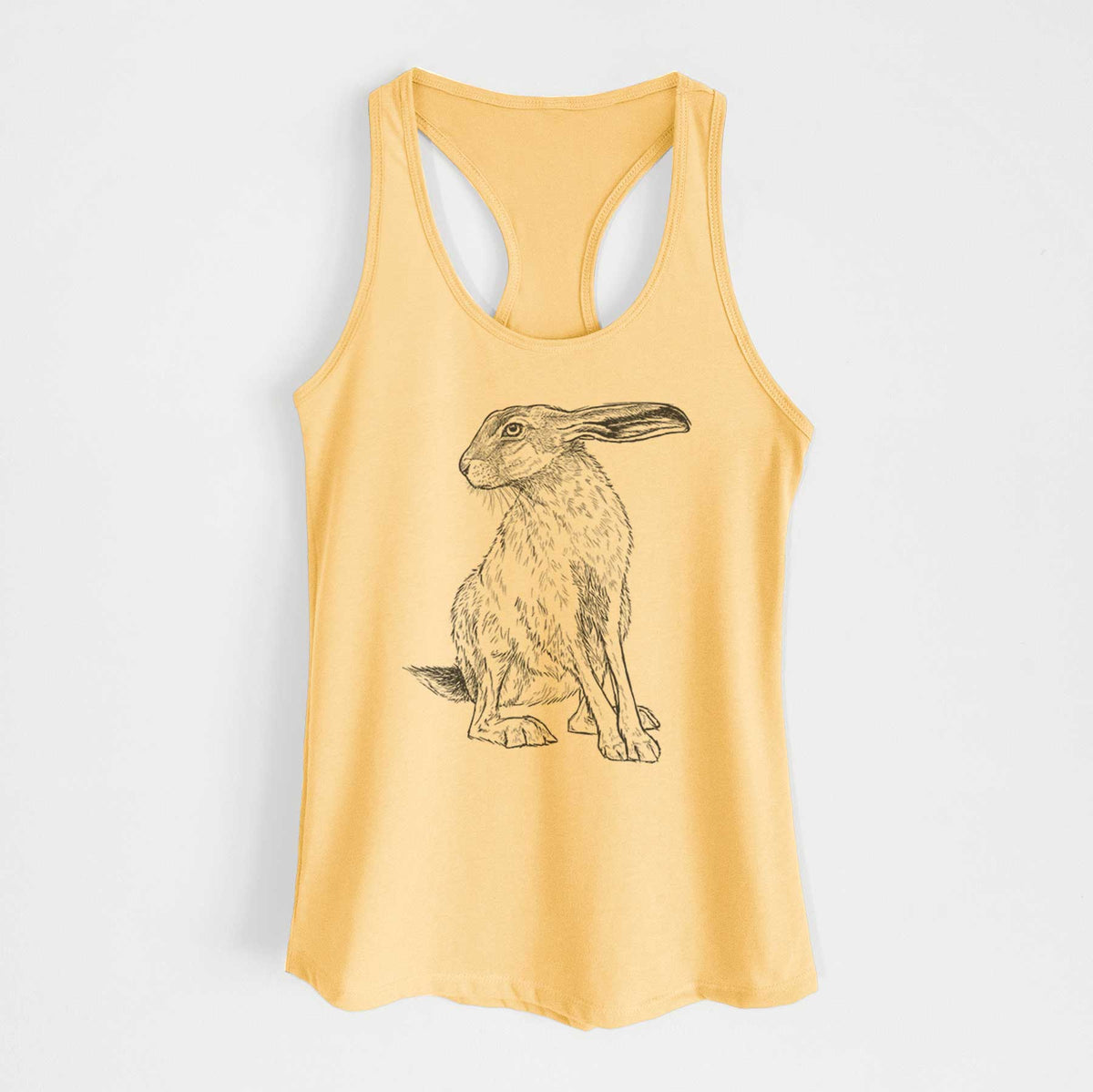 Banana cream women's racerback tank top laid flat, printed with a detailed black ink illustration of a black-tailed jackrabbit sitting with long upright ears.