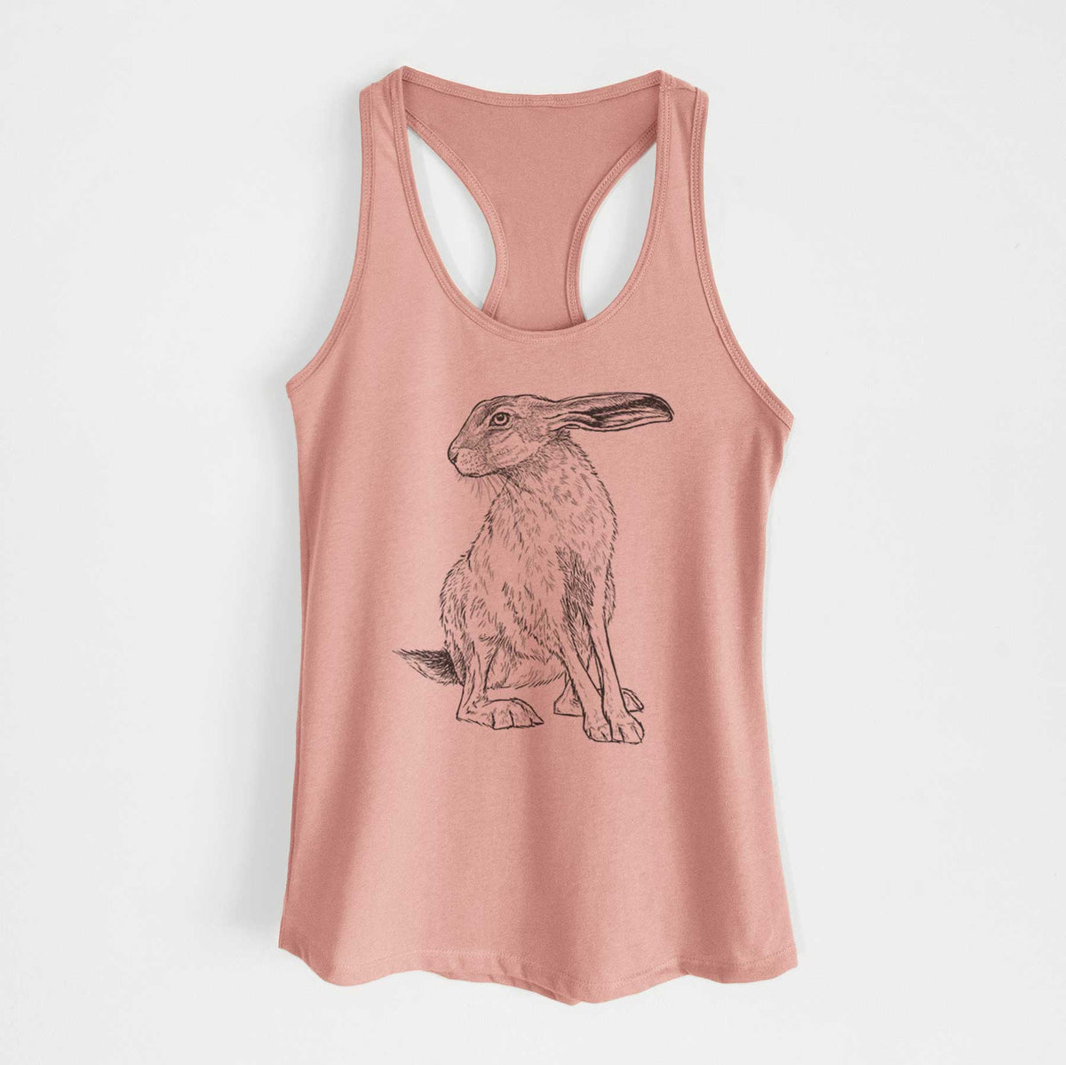 Desert pink women's racerback tank top laid flat, printed with a detailed black ink illustration of a black-tailed jackrabbit sitting with long upright ears.