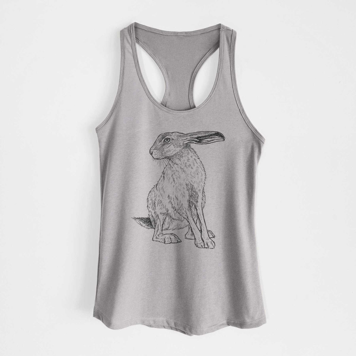 Heather grey women's racerback tank top laid flat, printed with a detailed black ink illustration of a black-tailed jackrabbit sitting with long upright ears.