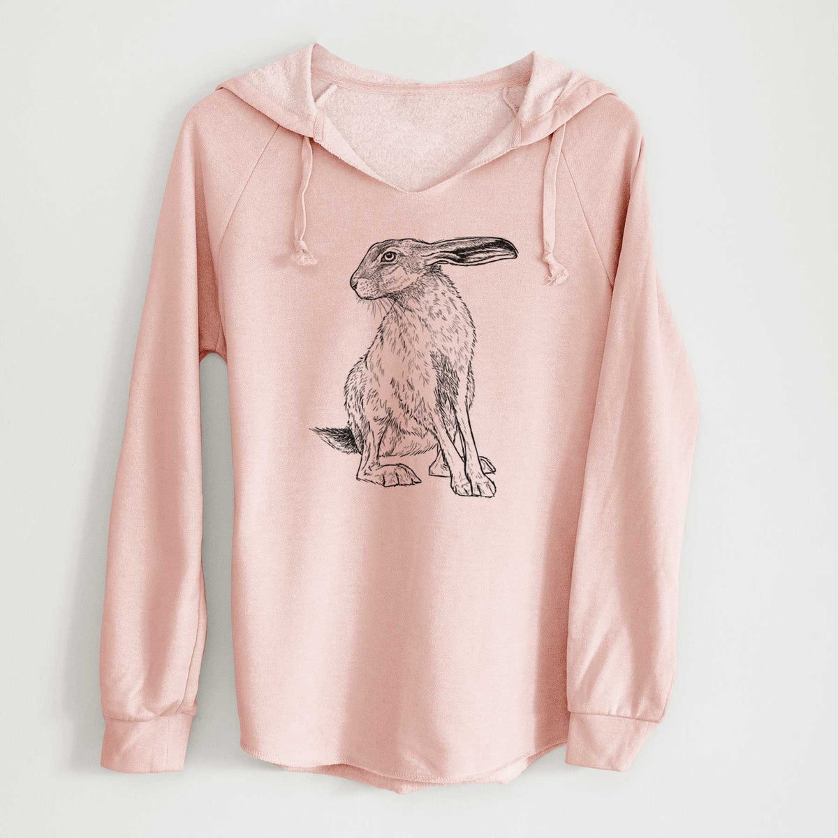 Blush pink women's Cali Wave hooded sweatshirt laid flat, printed with a detailed black ink illustration of a black-tailed jackrabbit sitting with long upright ears.