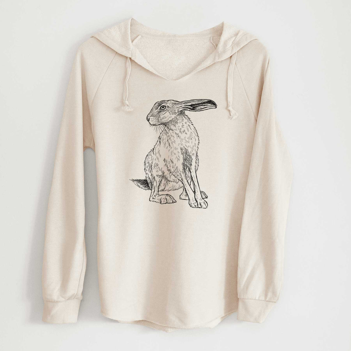 Bone cream women's Cali Wave hooded sweatshirt laid flat, printed with a detailed black ink illustration of a black-tailed jackrabbit sitting with long upright ears.