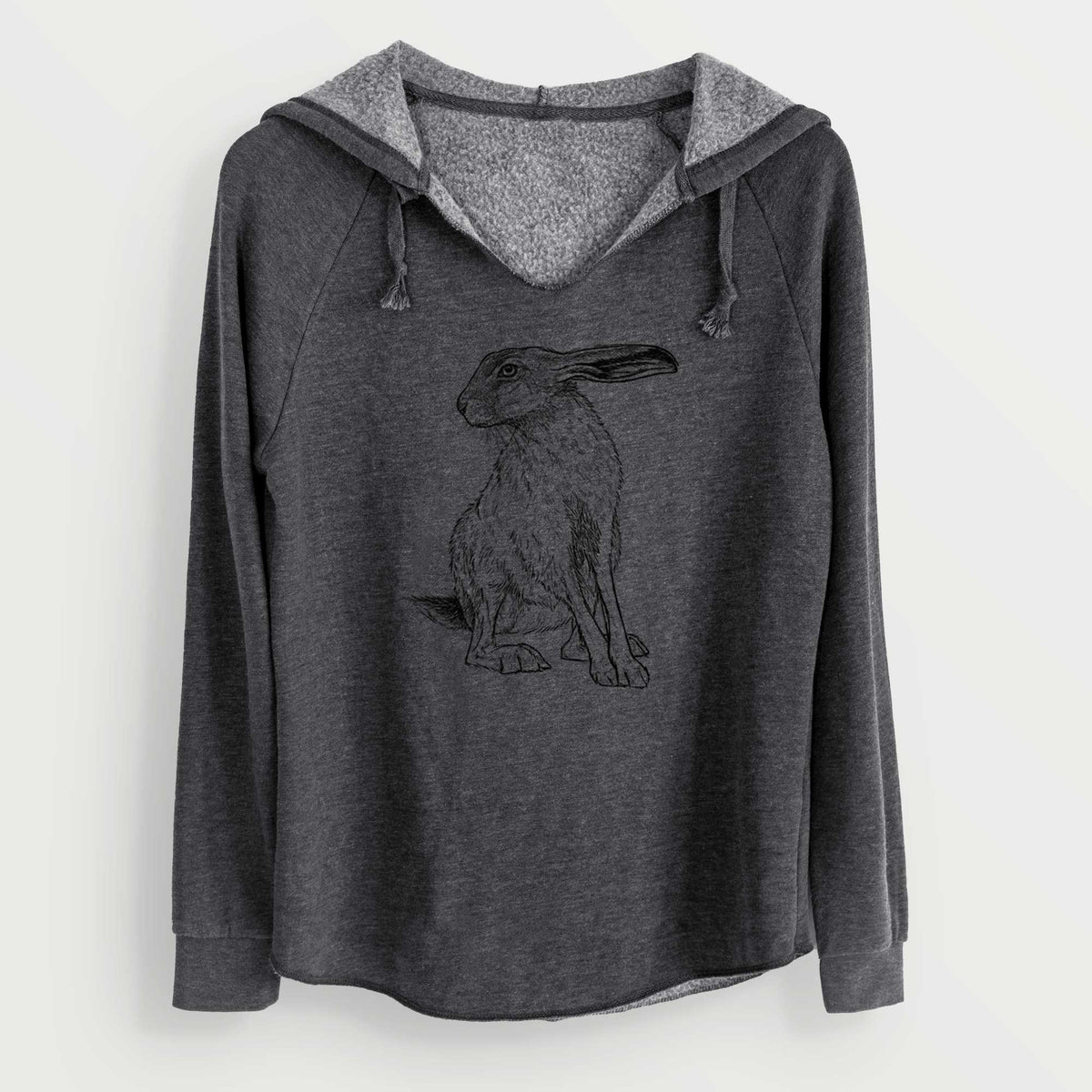 Charcoal grey women's Cali Wave hooded sweatshirt laid flat, printed with a detailed black ink illustration of a black-tailed jackrabbit sitting with long upright ears.